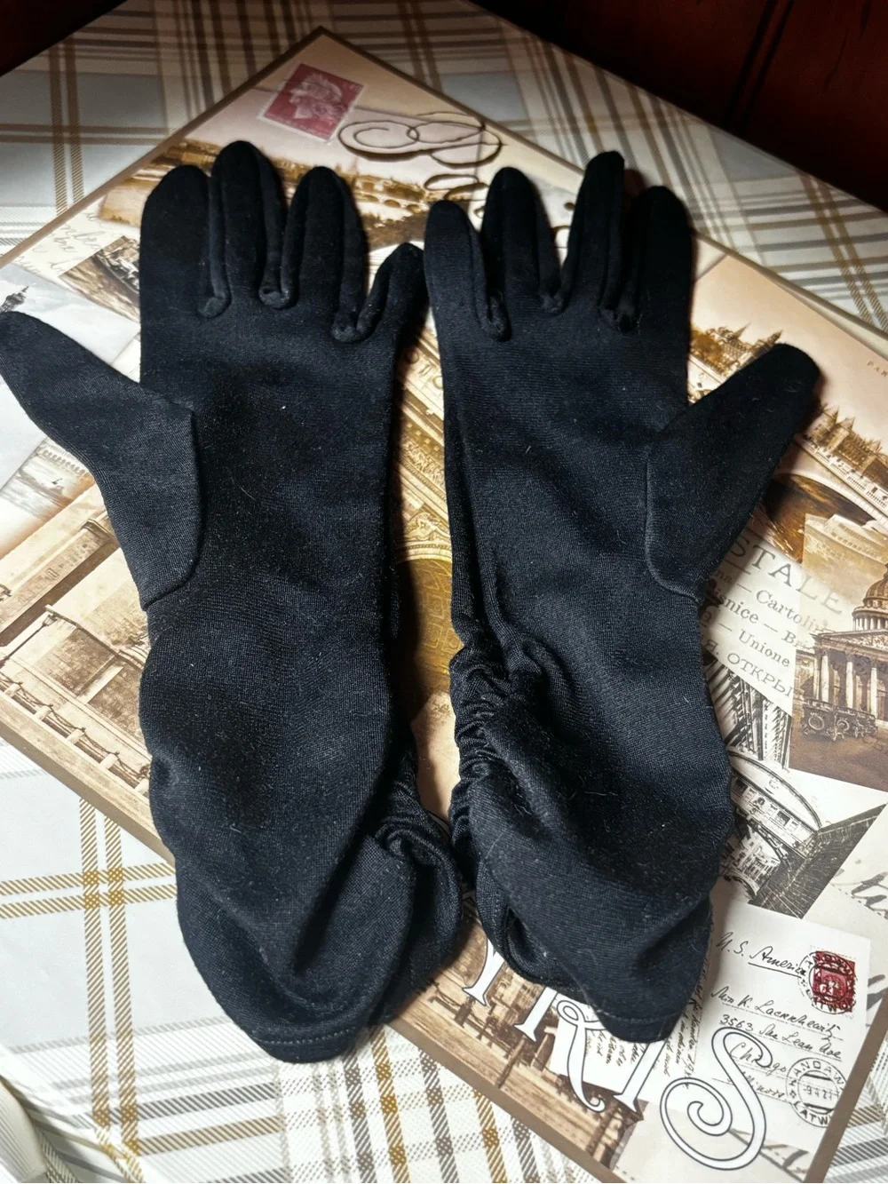 Vintage Black Nylon Gloves: Fownes Embraceable, Size 6-7.5